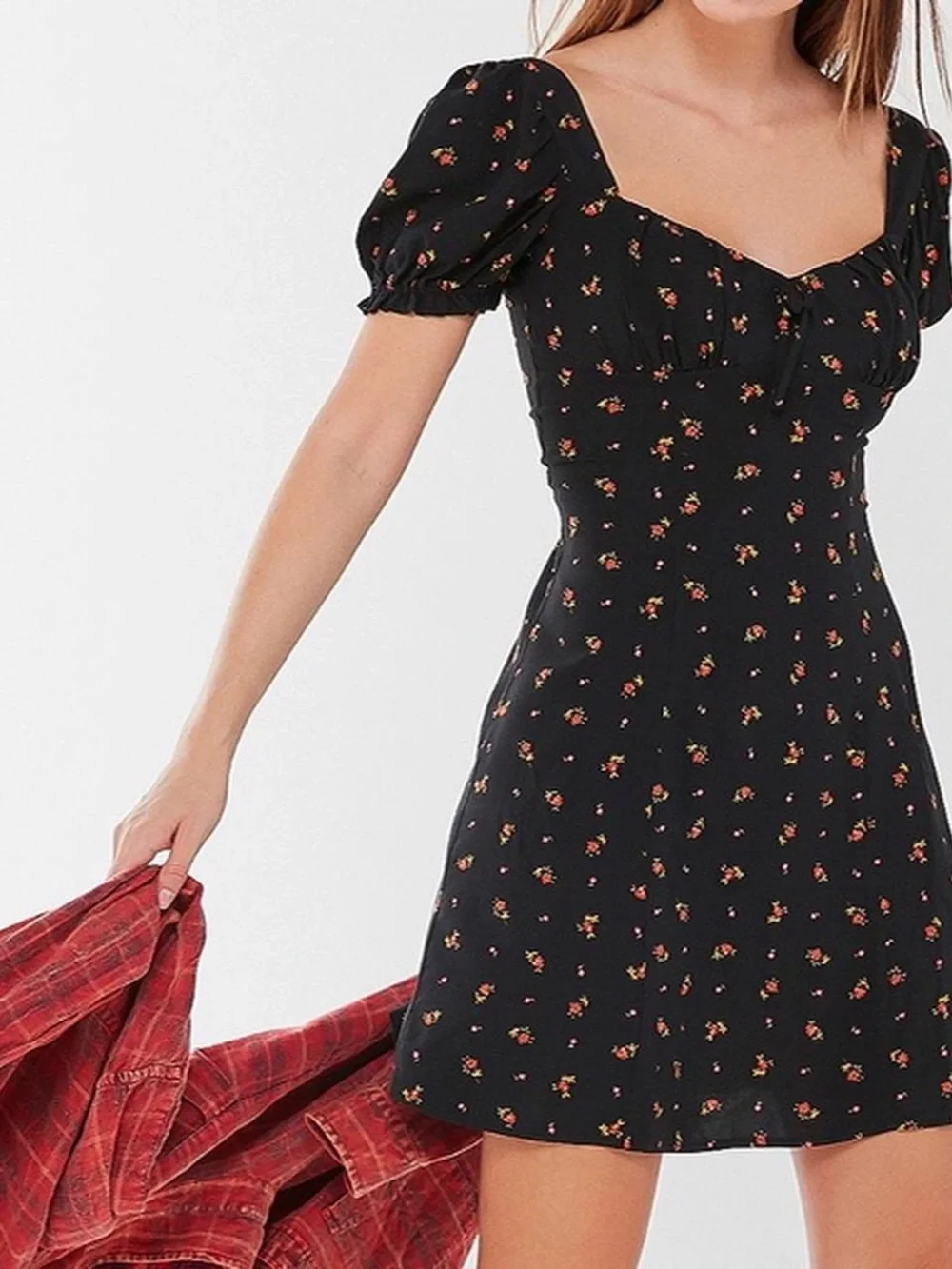 Urban Outfitters Black Mini Dress with Tiny Red Floral Print